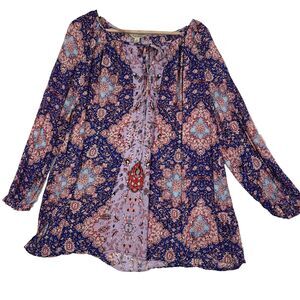 Lucky Brand Peasant Top Womens 1X  Purple Floral Boho Flowy Relaxed Casual Comfy